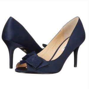 NEW Nina Fraser LS Navy Blue Luster Satin Peep Toe Bow Pumps Heels, 8.5